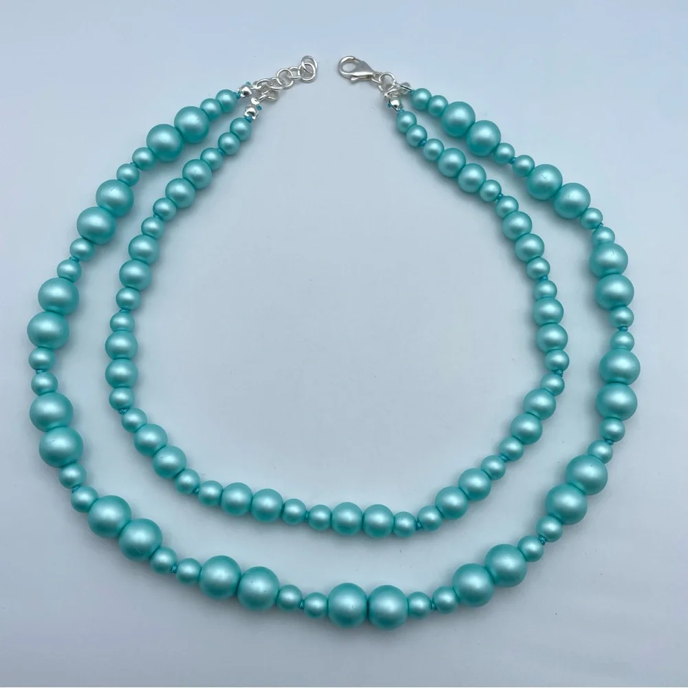 Sterling Silver knotted Double Strand Turquoise Faux Glass Pearl Necklace